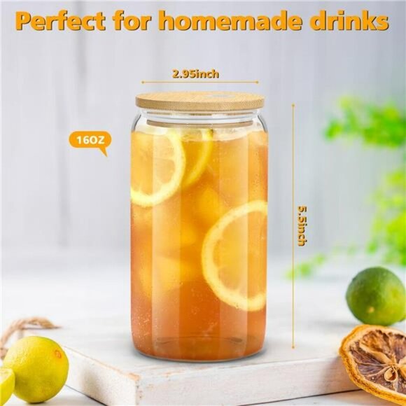 Set of 4 Glass Cups with Bamboo Lids Straws Iced Coffee Tea Cocktail Beer - Picture 3 of 8